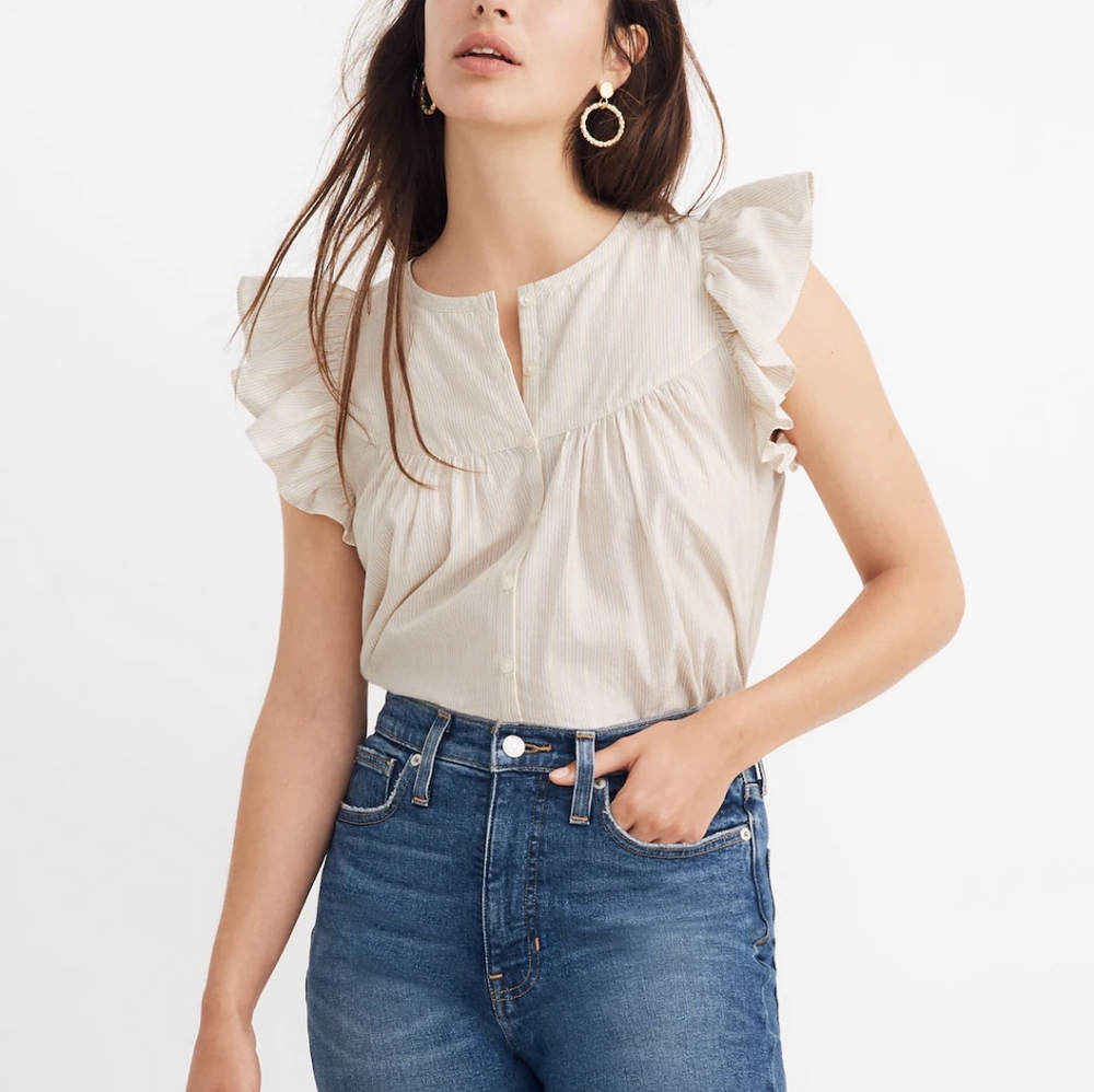 Madewell Ruffle Sleeve Bib Top in Metallic Stripe